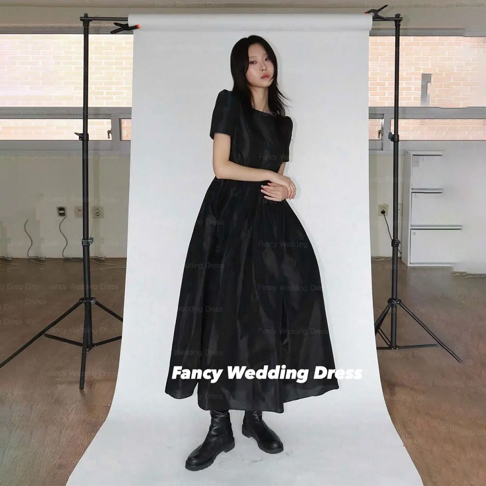 

Fancy Simple Black O Neck Wedding Dress Korea ID Photo Shoot Tea Length Short Sleeve Evening Dresses Soft Satin Customized