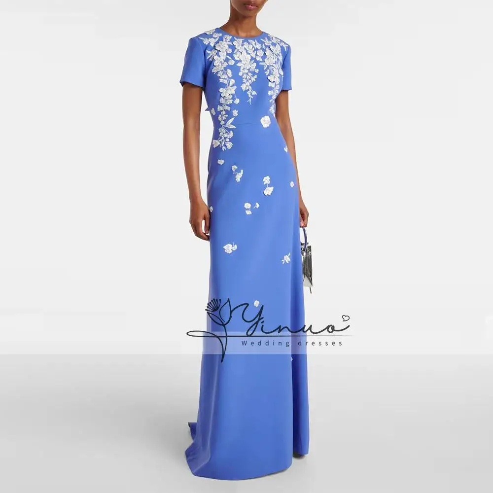 

Индивидуальный пошив: синее женское вечернее платье-русалка в пол, нарядное платье для вечеринок, с круглым вырезом, аппликациями, в саудовском стиле, с короткими рукавами, для выпускного бала