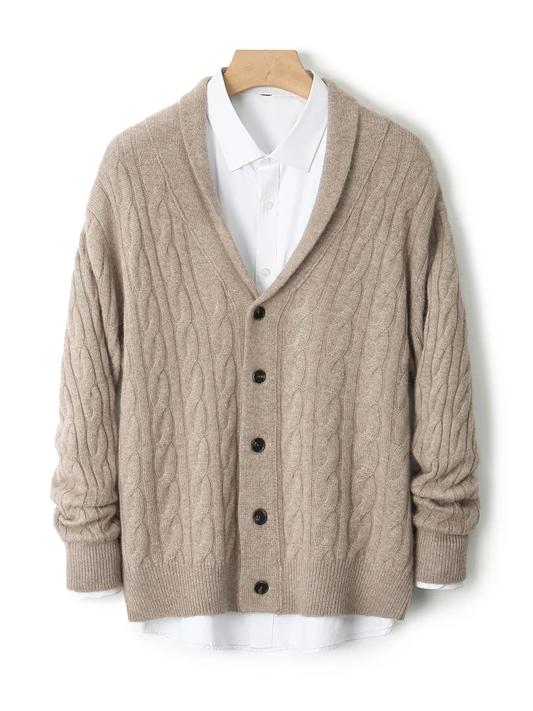 TLOML Men's 100% Merino Wool Knitwear Shawl Collar Buttons Cardigan Autumn Winter Cashmere Sweater Thicken Gentleman Wool Coat