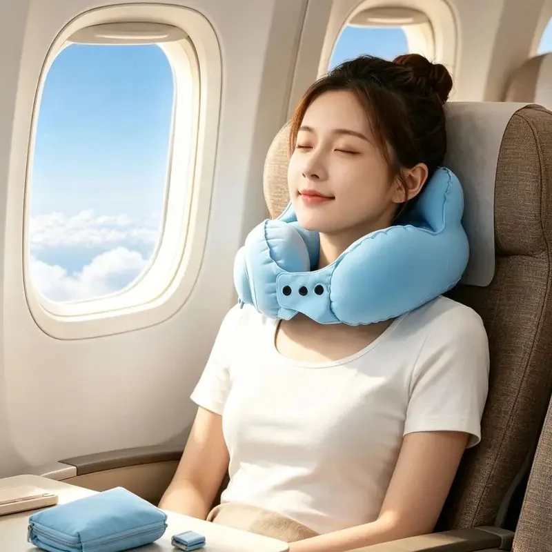 Inflatable U Shaped Travel Neck Pillow, Press Pump Velvet Portable Headrest for Airplane Car