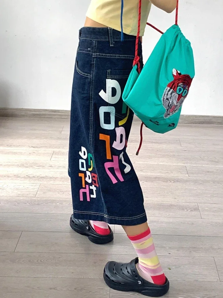 QWEEK Letter Print Jorts Women Y2K Baggy Vintage American Streetwear Wide Leg Knee Length Jeans Harajuku Summer Denim Shorts