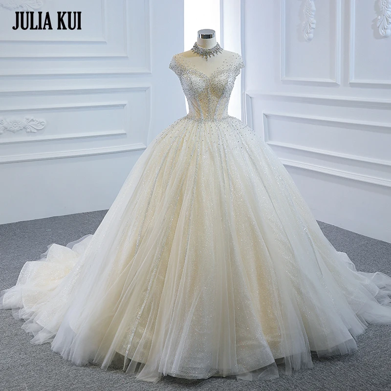 

Julia Kui Shiny Beading Pearls And Crystals High Collar Ball Gown Wedding Dress Lace Up Bridal Skirts