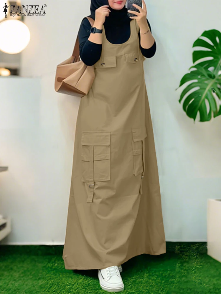 

2025 ZANZEA Fasahion Muslim Abaya Dress Turkey Kaftan Summer Women Sleeveless Overalls Dress Maxi Robe Islamic Clothing Oversize