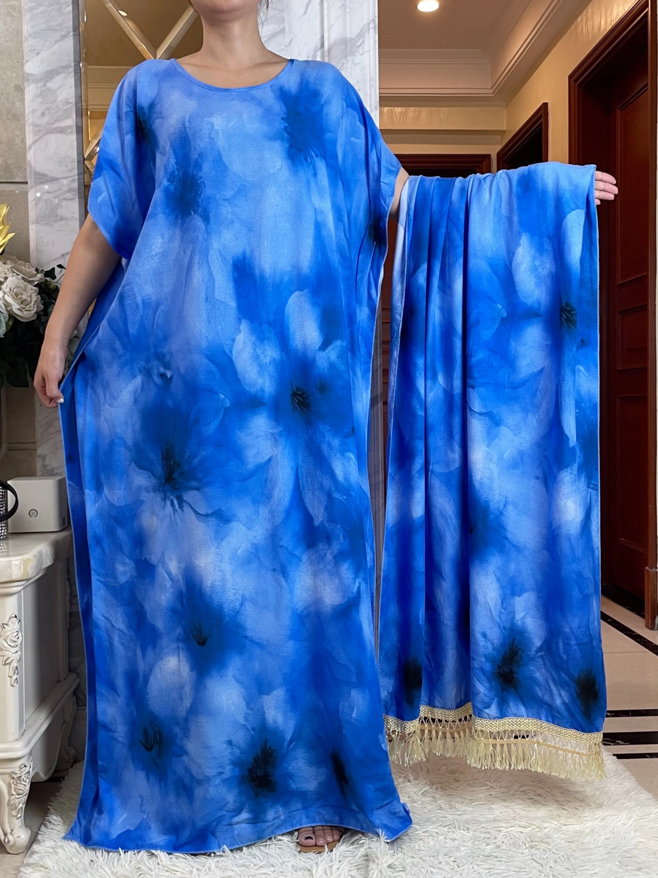 2023 Summer Party Dress Short Sleeve With Big Scarf Tie Dye Cotton Fabric Loose Boubou Maxi Islam Women  African Abaya Clothes