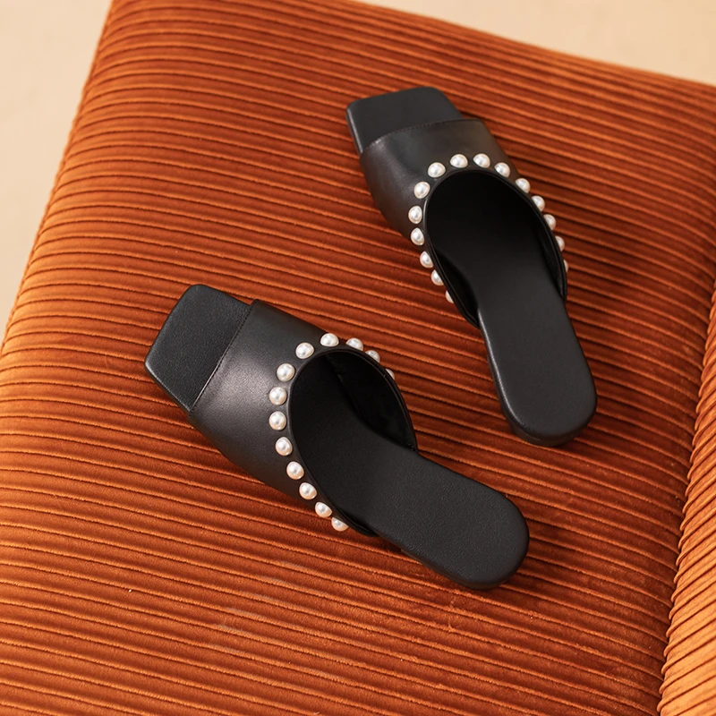 Special Offer Women'S Fashionable Flat Bottomed Square Toe Slippers With Pearl Decoration For Slimming Women'S Sandals Casual