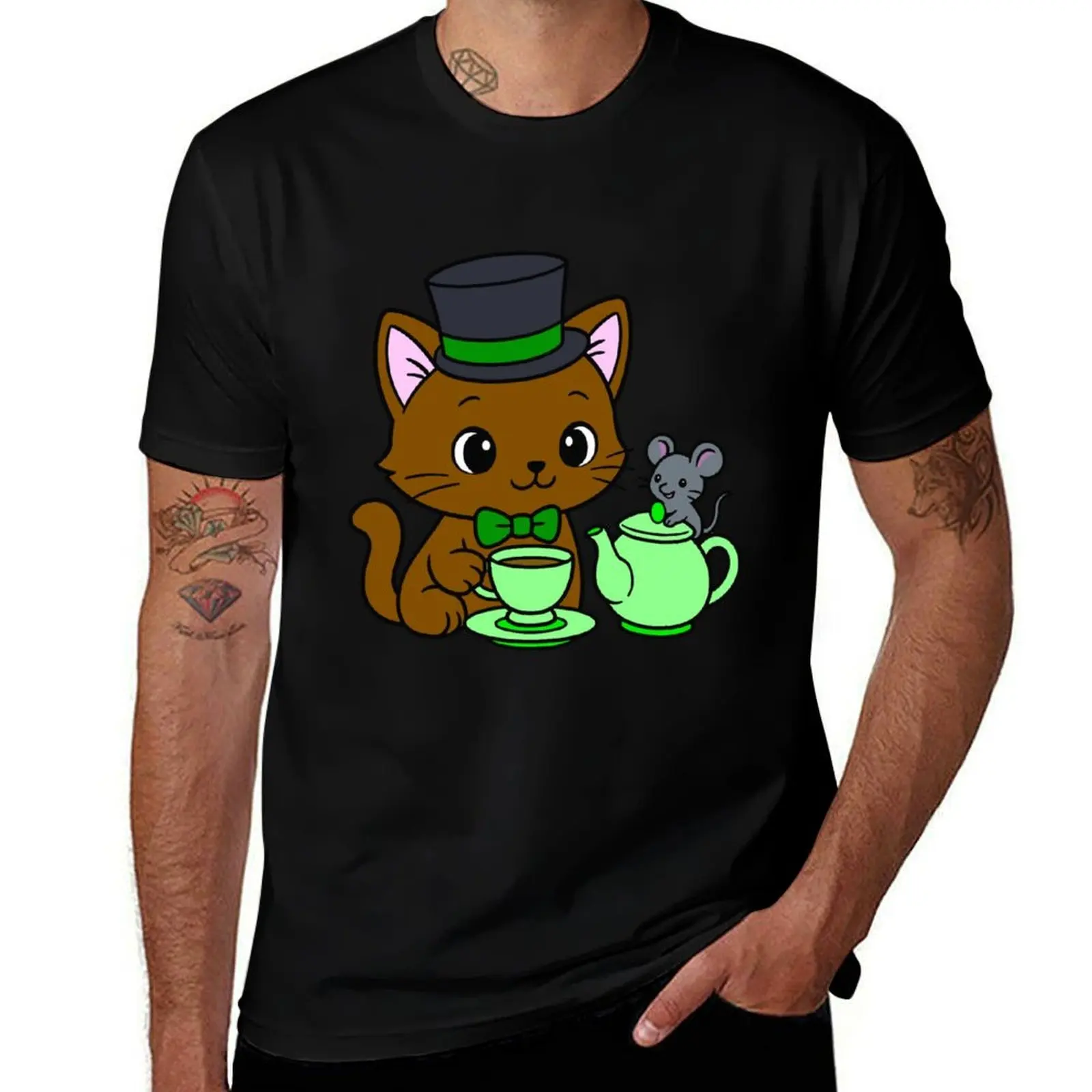 

Kitty Tea Party - коричневая - зеленая футболка черные, рубашка большого размера в стиле аниме, летняя одежда, рубашки, мужские рубашки с графикой