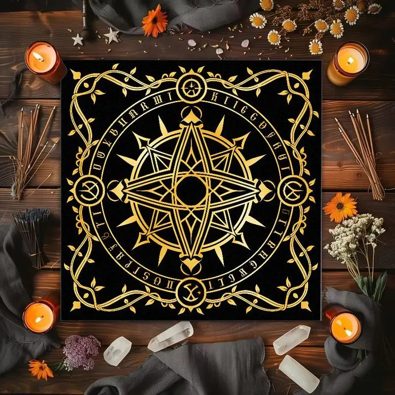 VIKAMA Golden Pentagram Rune Twelve Constellations Sun Moon Star Altar Cloth Tarot Card Tablecloth Divination Decoration