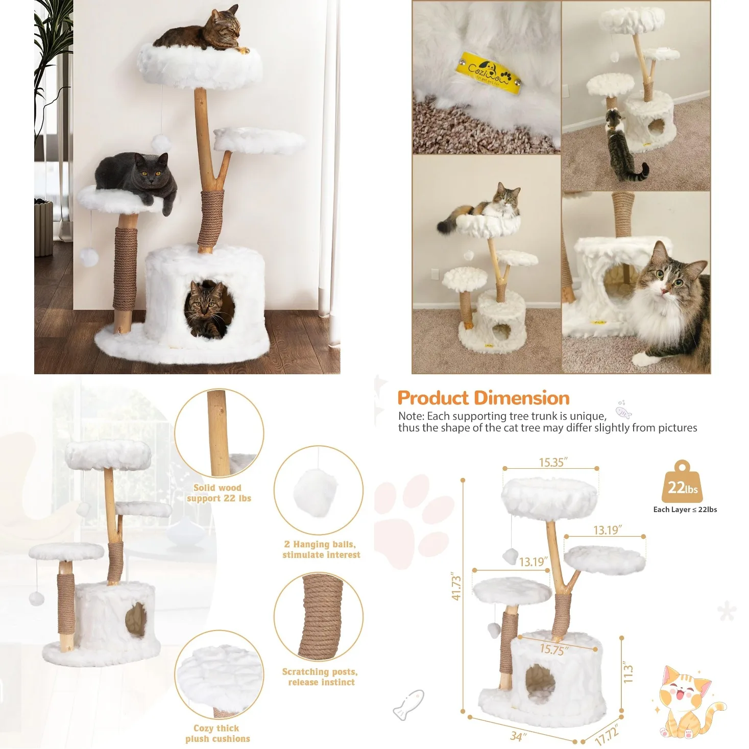 

Cloud Cat Tree for Indoor Cats, 42" Modern Aesthetic Cat Tower with Solid Wood Branches, Top Cat Bed, Side Perch,, Customized