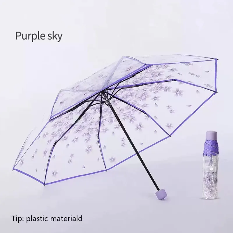 Portable Transparent Sakura Clear Umbrella Cute Cartoon Foldable Three Folding Manual Umbrella for Student Men and Women Travel view 5
