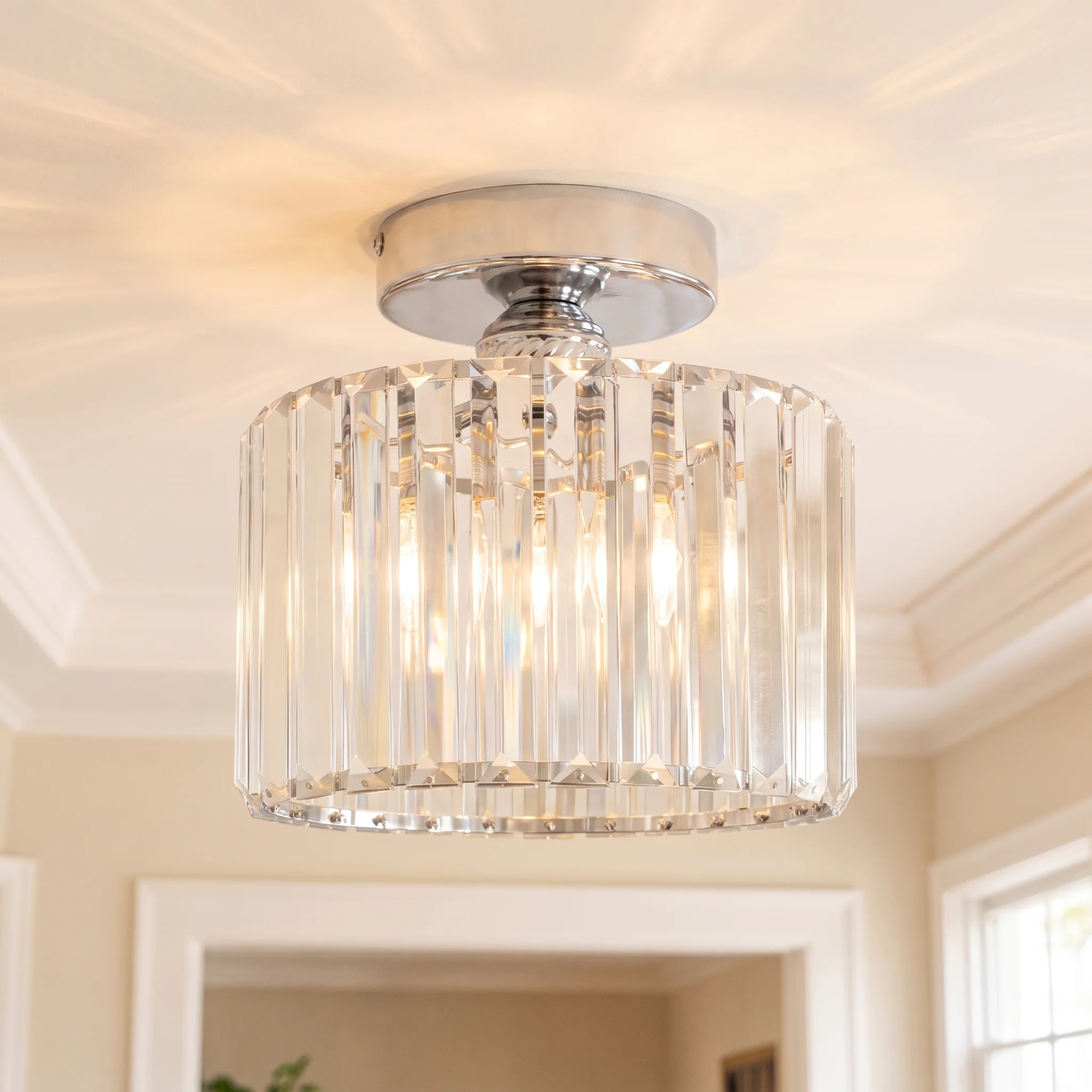 Modern Mini Crystal Ceiling Light,Semi-Flush Mount Chrome Rust-Proof Crystal Ceiling Light Fixture - Living Room/Hallway/bedroom