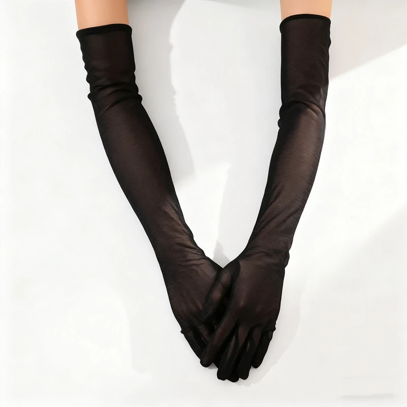 55cm Women Long Tulle Mesh Gloves Elastic Sunscreen Breathable Thin Sheer Gloves For Evening Halloween Party