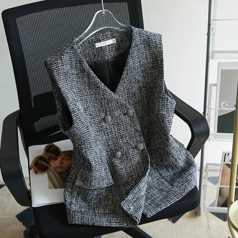 

Fashion Leisure Double Breasted Buckle Suit Vest Jacket Women 2026 Spring Summer Blazer V-Neck Sleeveless Waistcoat Coat