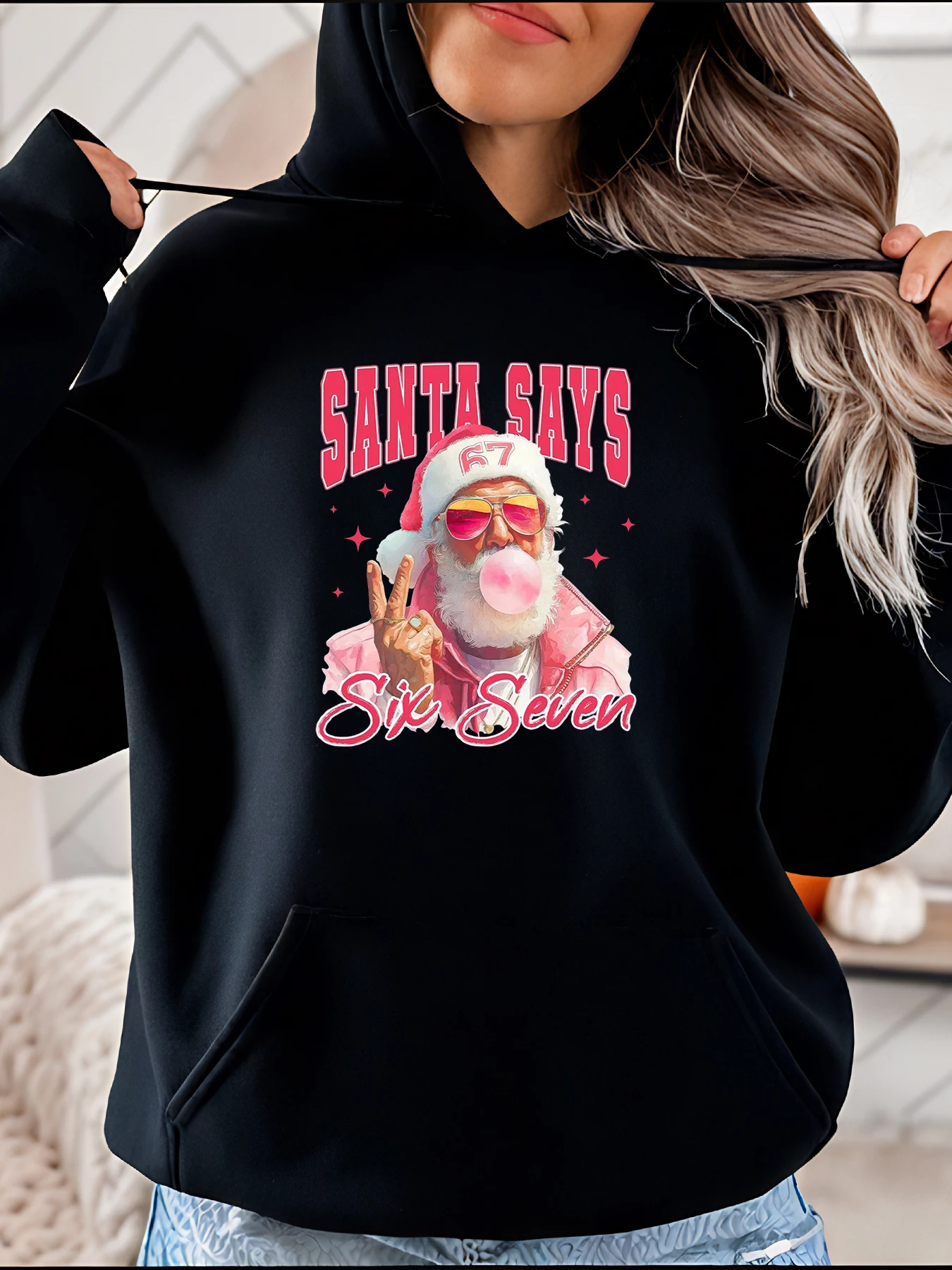 

Christmas Hoodie Santa Says Six Seven Printed Funny Santa Claus Design Casual Sweatshirt Women's Holiday Gift Wear