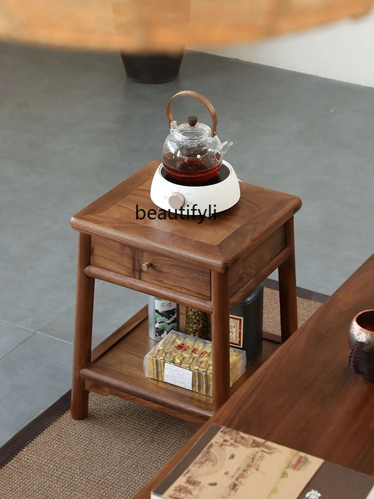 New Chinese Style Solid Wood Sofa Side Table Corner Table Black Walnut Simple Double-Layer Small Coffee  Bedside   Cabinet