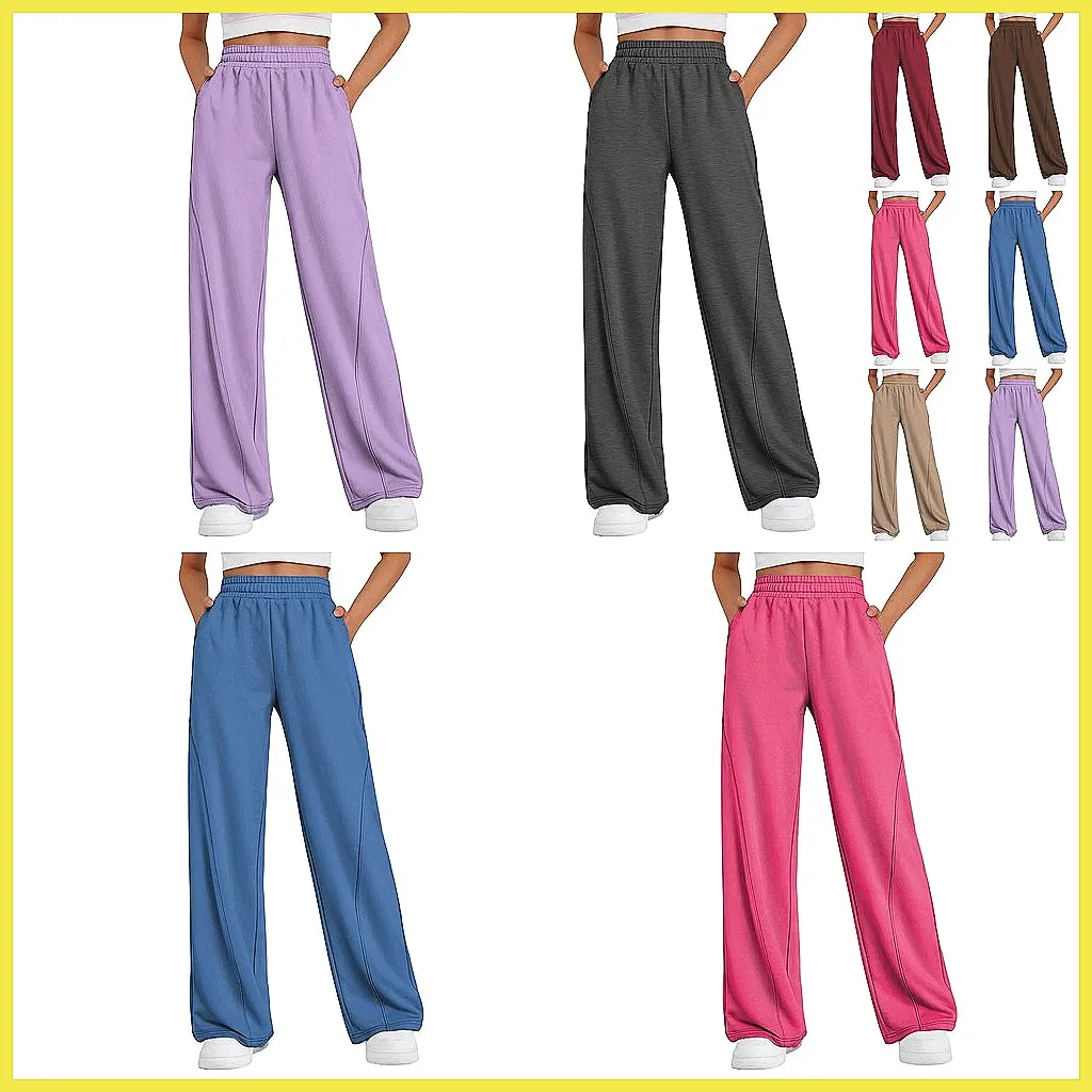 

Women's Solid Color Wide Leg Pants, High Waist Stretch Yoga Trousers with Pockets