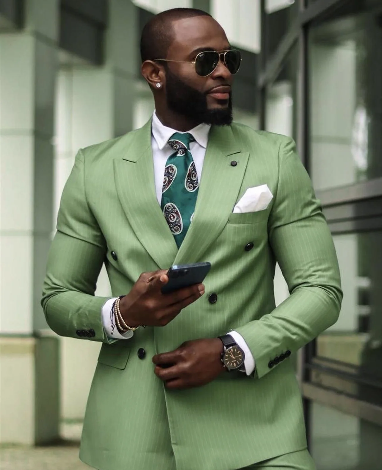 

Green Striped Slim Fit Prom Men Suits With Double Breasted Peaked Lapel Custom 2 Pieces Wedding Tuxedo 2023 Fashion Clothes Pant