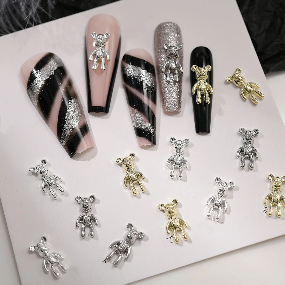 20pcs Alloy Punk Bear Nail Art Charm 3D Gold/Silver Metal Violence Bear Nail Decoration DIY Japanese Bear Nail Accessories