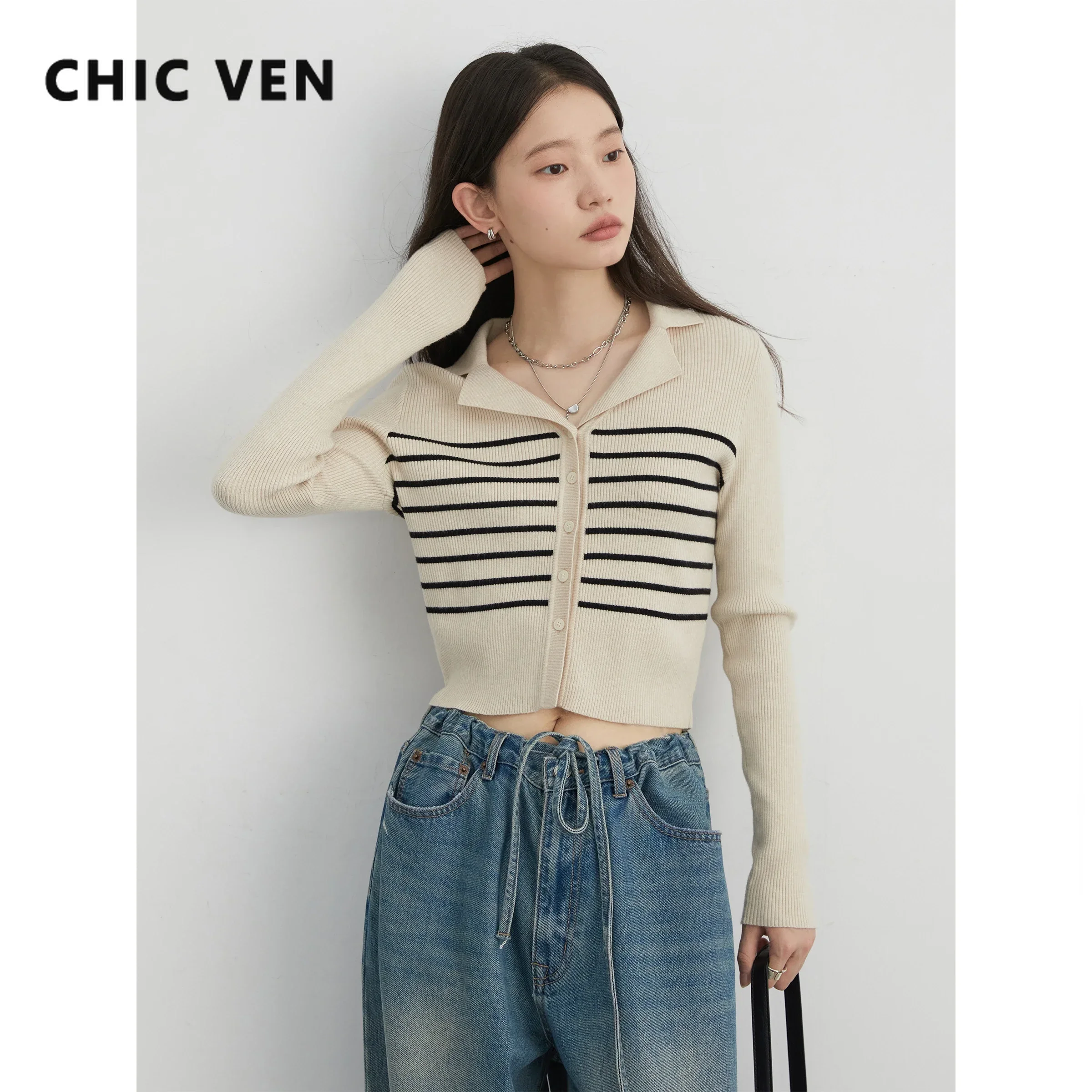 CHIC VEN Korean Women Cardigan Striped Female Knitted Sweaters Single Breasted Slim Fit Woman Jumpers Soft Spring Autumn 2024