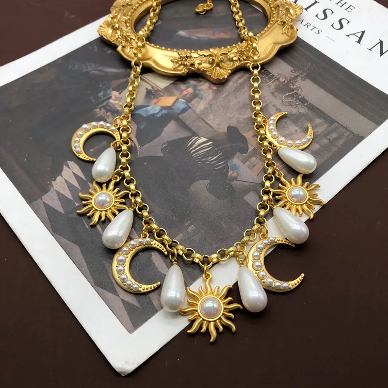 French Vintage Gold-colour Sun Moon Pendant Necklace, Earstuds, Earclips