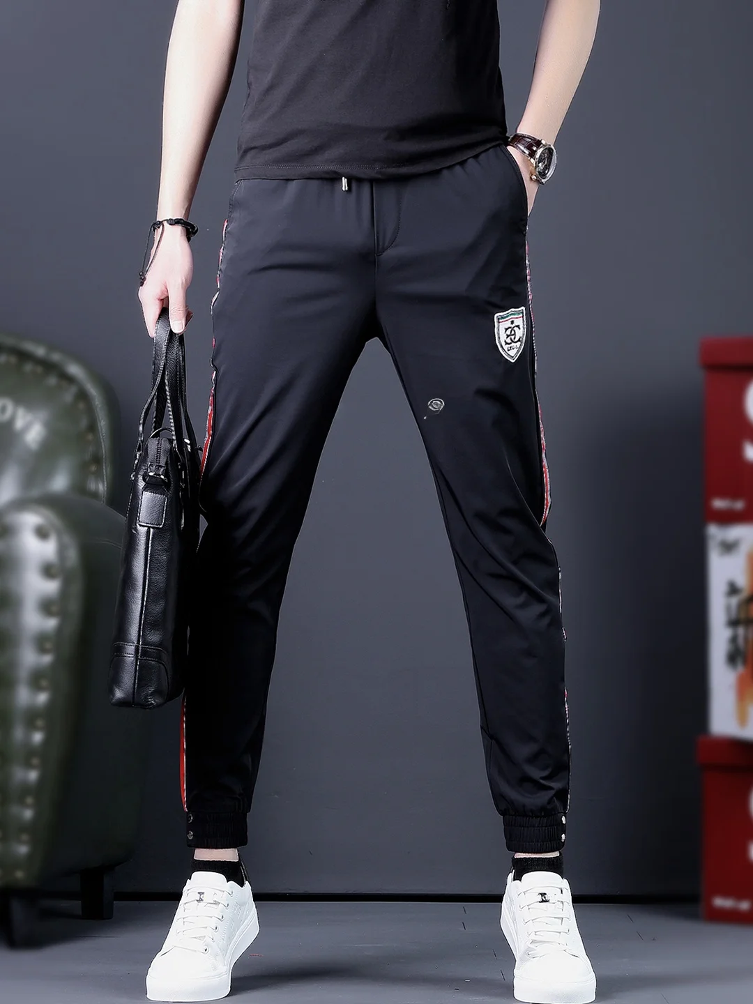 

Trendy Men's Bla Cuffed Casual Pants Ice Silk Qui Dry Sports Long Trousers mid Waist Elastic Jumpsuit Summer Faion