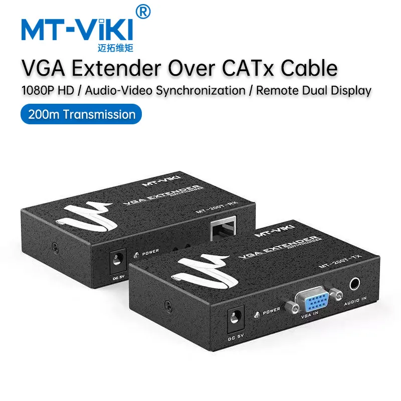 MT-Viki VGA Extender 200M HD VGA Video 3.5mm Audio Repeater Extender over UTP by RJ45 CAT5e/6 LAN Cable Adapte 1920*1440 MT-200T