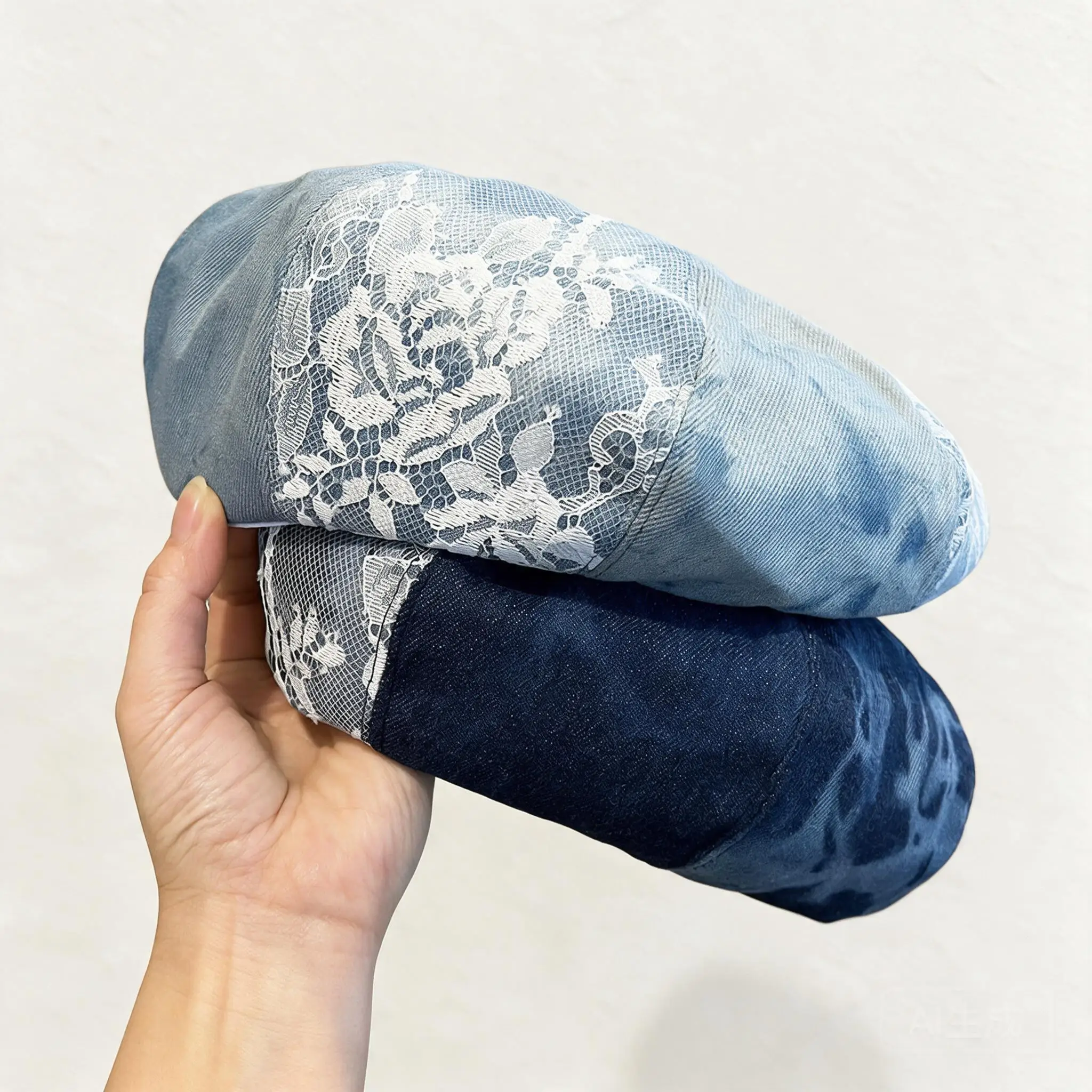 Womens Lace Splicing Denim Beret Hat Vintage Octagonal Painter Cap Spring Autumn Face Slimming Fashion Headwear Fits 54 To 58 Cm