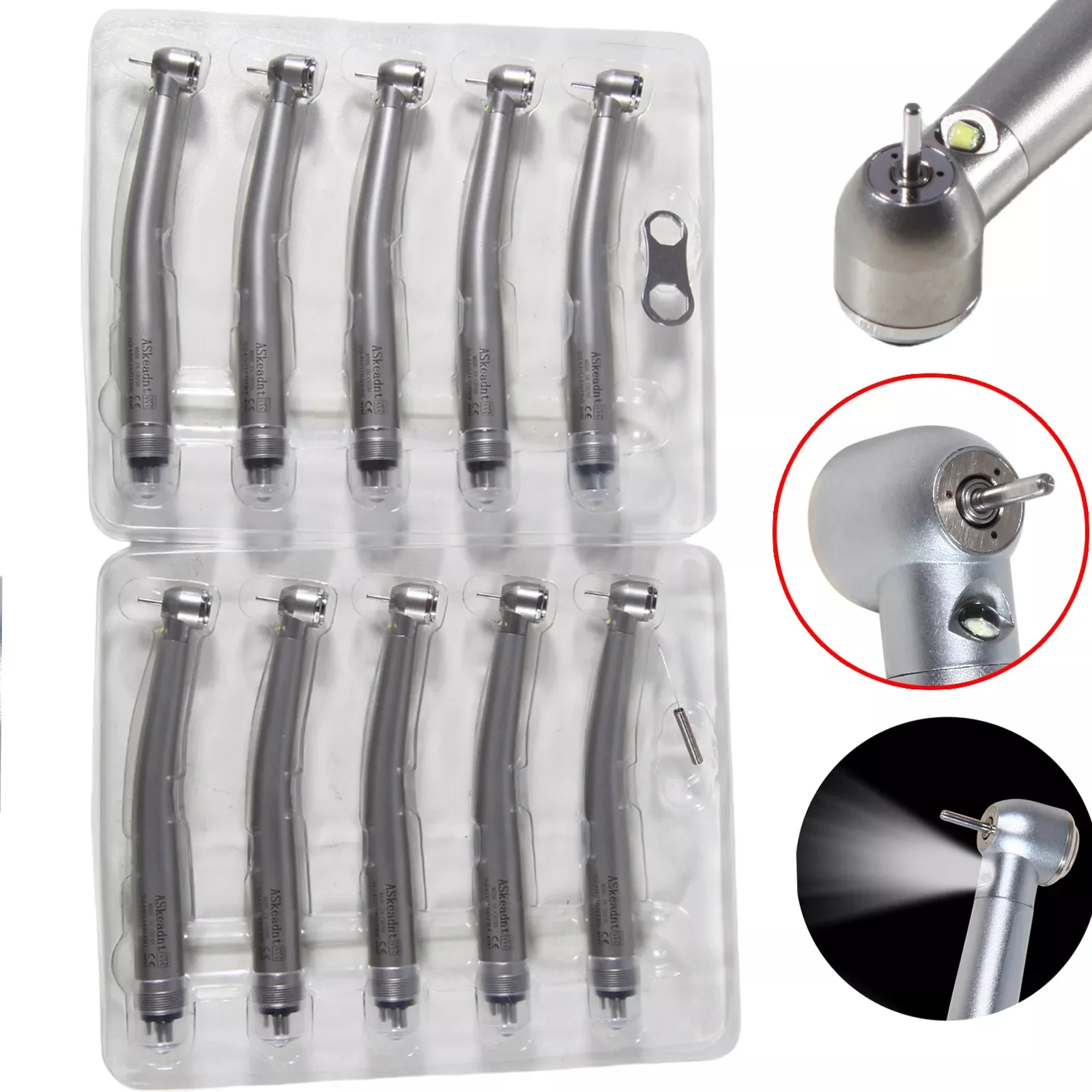 10Pcs NSK Style Dental LED E-generator Fiber Optic High Speed Handpiece 4-Hole Turbine 3 Spray