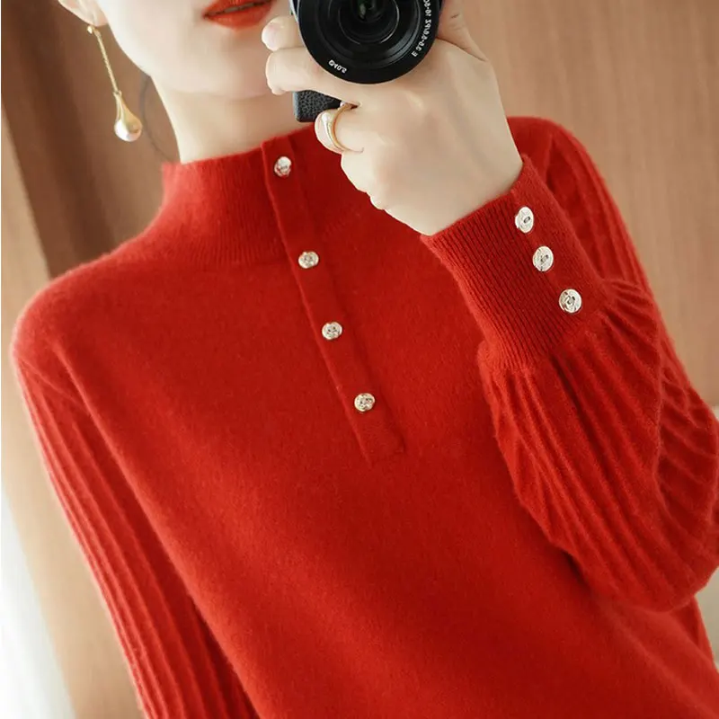 Autumn Winter Women Cashmere Sweater Long Sleeve Half Turtleneck Knitted Wool Pullover Jumper Female Soft Bottoming Knitwear