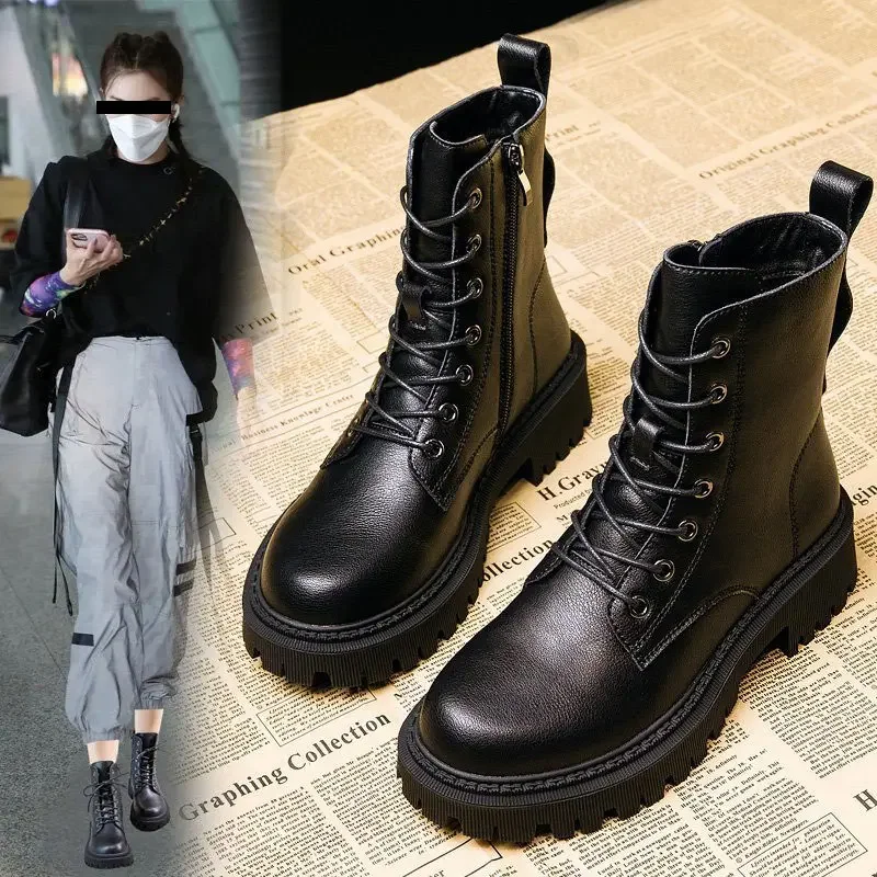 Women's boots autumn winter high Combat boots women Platform women Lace Up Woman Shoes Winter Biker Ankle Women's military Boots