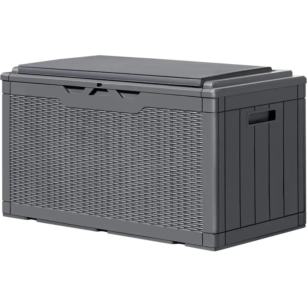 100 Gallon Lockable Deck Storage Box with Cushion, Outdoor Patio Furniture, Garden and Pool Supplies Holder (Gray)