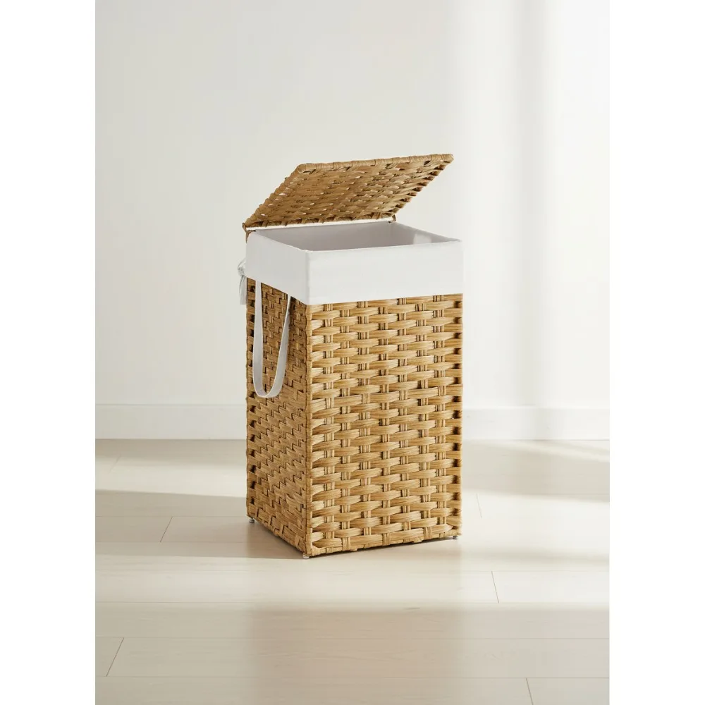 

Складная корзина для белья с крышкой, корзина для одежды из ротанга на 17,2 галлона, съемная моющаяся подкладка, портативное хранилище для дома