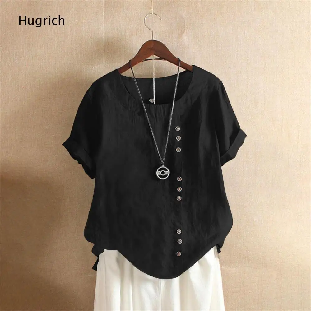 Ladies Vintage Loose Linen Blouse Round Neck Short Sleeve Diagonal Button Placket Uneven Curved Hem Daily Shirt