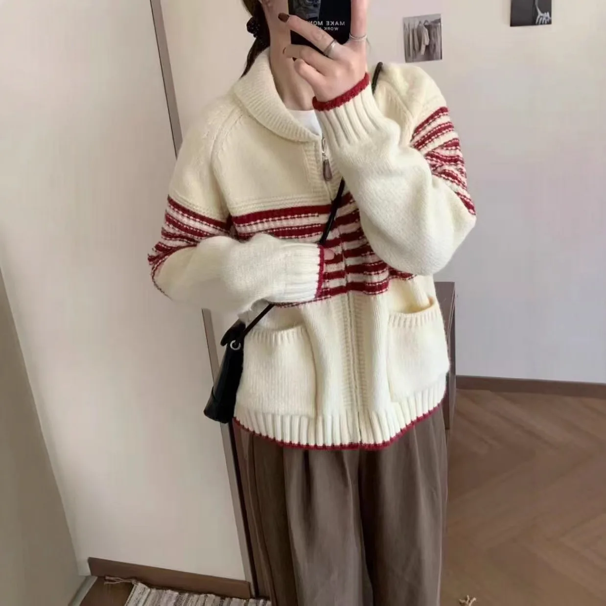 Striped Zipper Sweater Women's 2026 Autumn and Winter New Temperament Elegant Lazy Loose Retro Foreign Style Top Cardigan Jacket