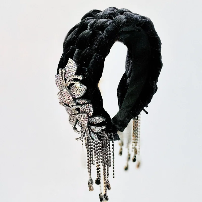 Vintage Braid Headband with Diamonds Tassel Luxury Diamond Flower Wide Hair Hoop High Skull Hair Bands Party Hair Accessories