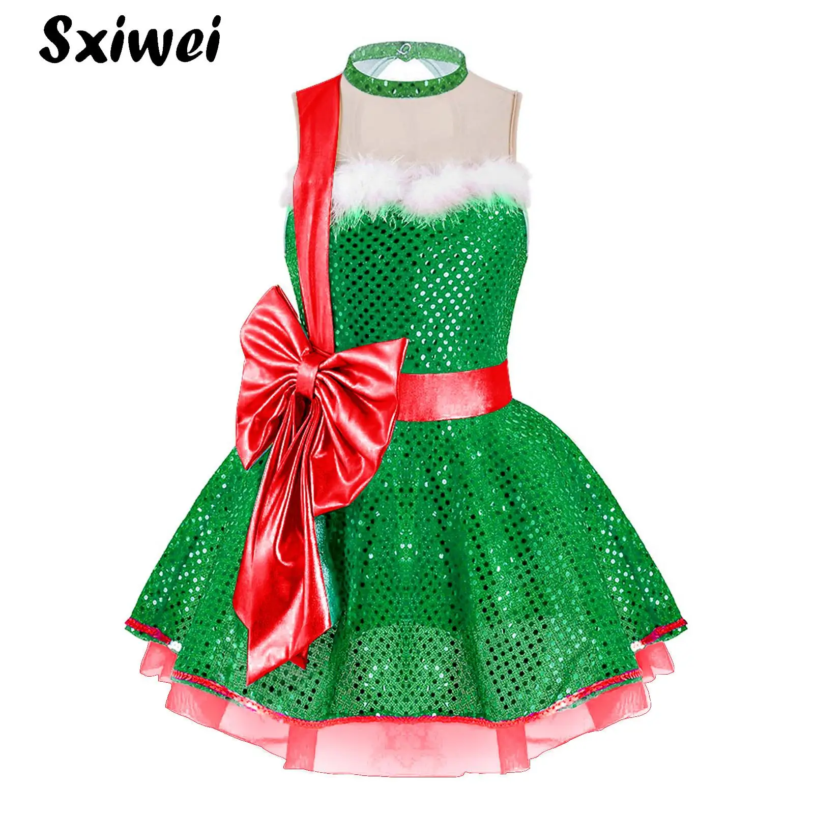 

Big Bowknot Sequins Miss Santa Claus Dress for Kids Girls Christmas Elf Ballet Tutu Dance Dress Figure Skating Leotard Dancewear