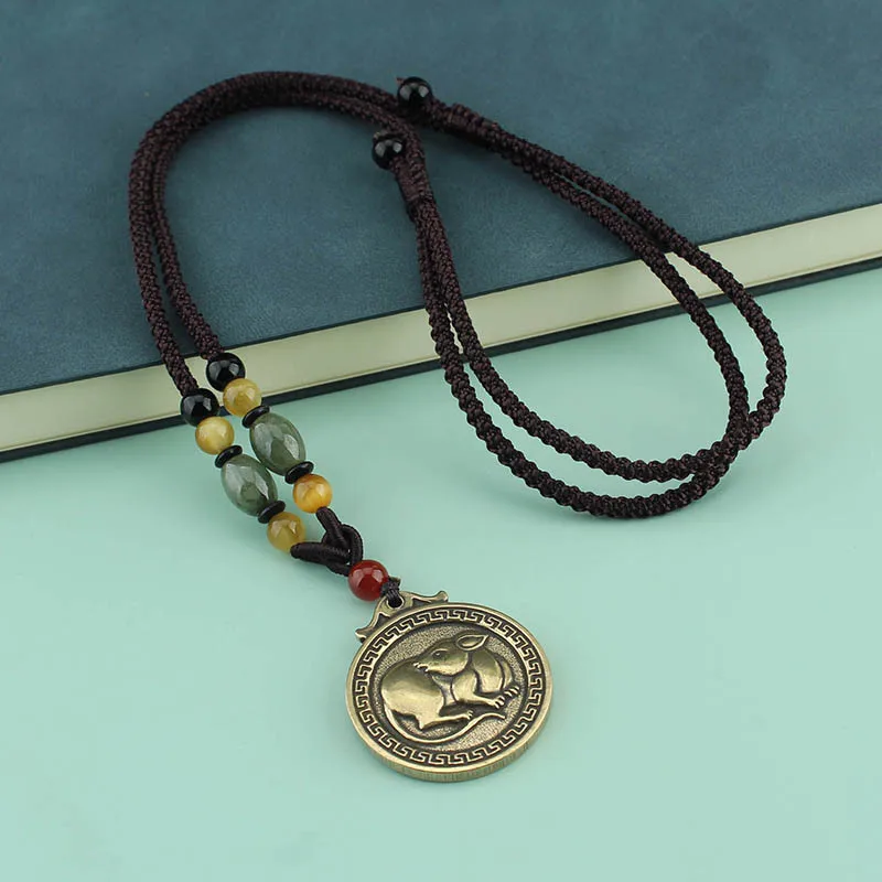 DIY accessories Retro brass zodiac blessing necklace pendant natal year long sweater chain men's and women's simple and versatil