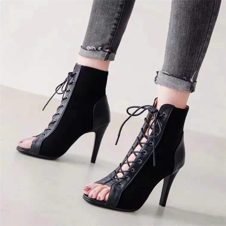 Sandalias con cordones, tacones de 9CM, zapatos de mujer, tendencia de verano 20224, botas sexis negras con punta abierta, tacones de aguja de tela a la moda, baile de Jazz para mujer