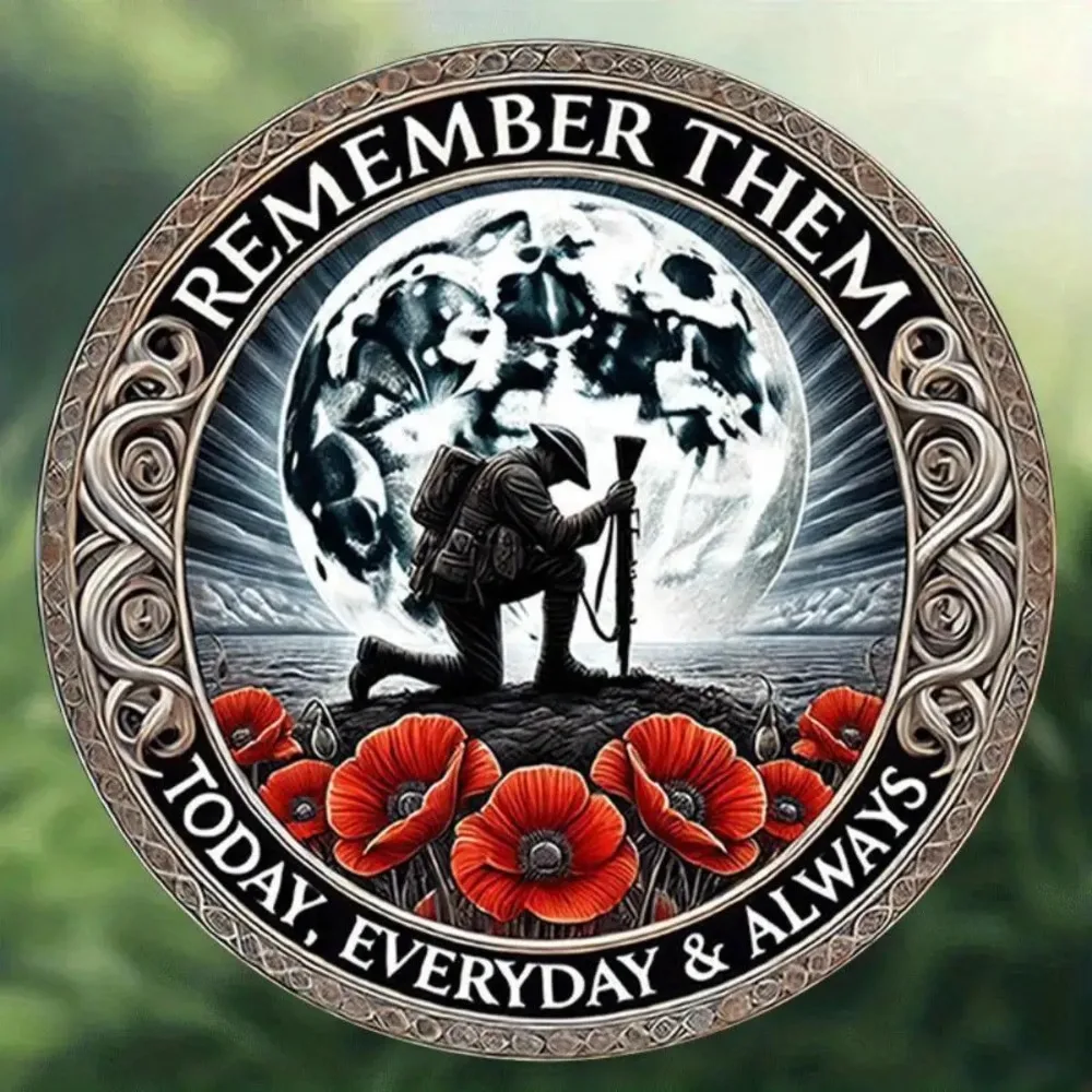 لافتة معدنية عسكرية عتيقة من الألومنيوم - شكل دائري مقاس 8 بوصات، تتميز بـ "تذكرهم دائمًا، اليوم وكل يوم"