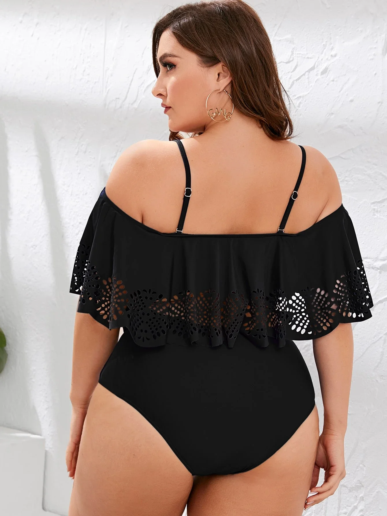 

Off Shoulder Ruffle Trim One Piece Swimsuit Black