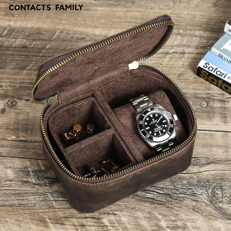 Handcrafted Crazy Horse Leather Watch Box Dual-Zipper Travel Storage Case for Cufflinks - in Stock