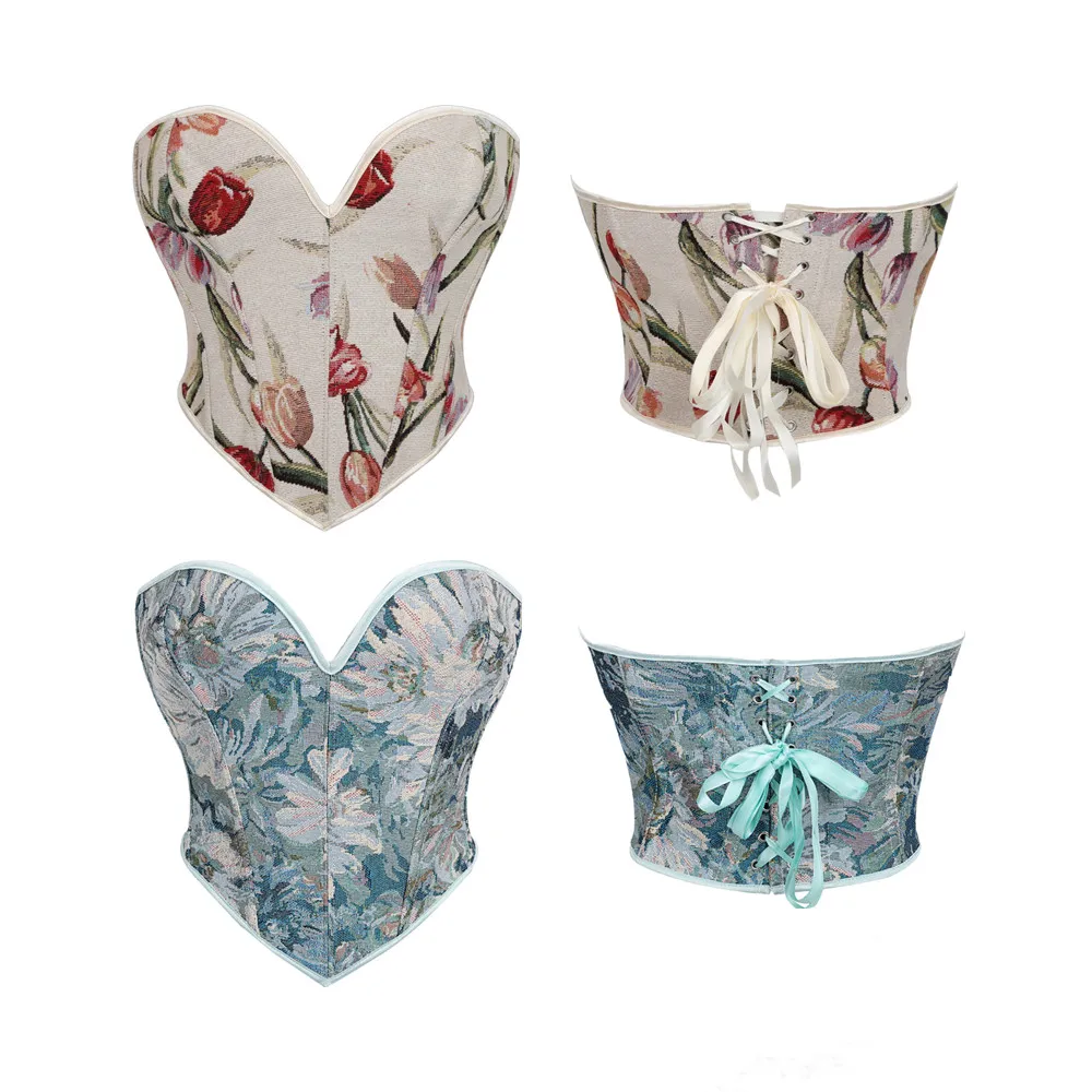 

Женский корсет во французском стиле с ретро-принтом, корсет без бретелек, сексуальное утягивающее белье, бюстье, укороченный топ