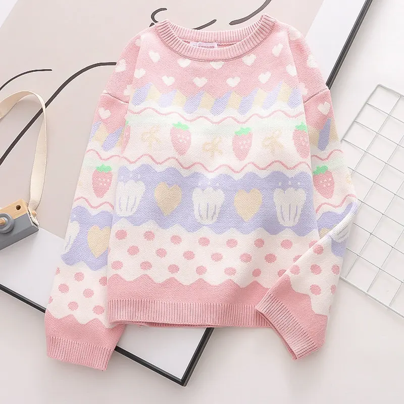 Winter Cute Sweet Pink Sweater for Women Teen Japan School Girl Kawaii Oversized Strawberry Loose Knitted Pullover