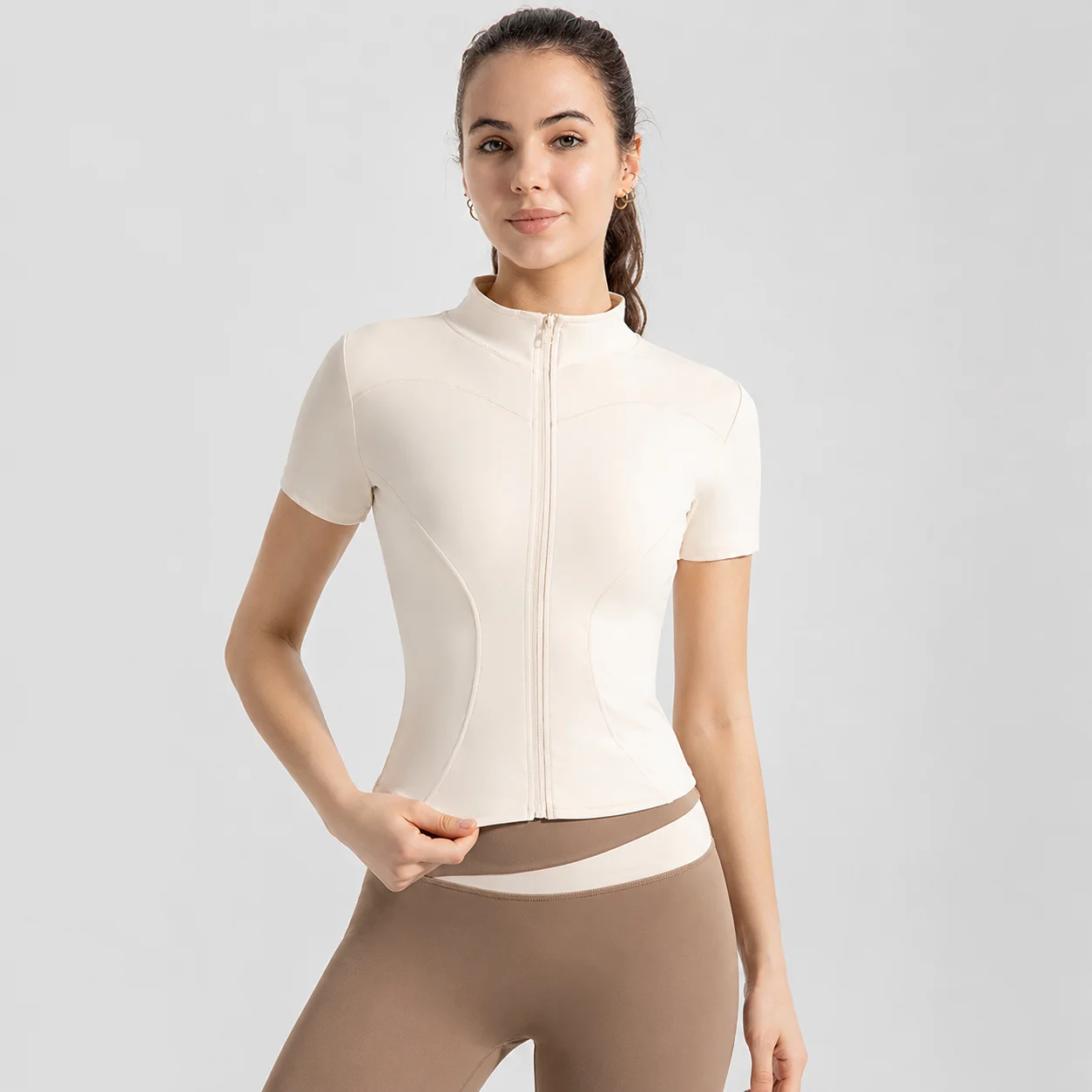 Women Short Sleeve Yoga Jacket Full Zip Mock Neck Slim Fit Quick Dry Workout Top Gym Running Cycling Activewear EOENKKY