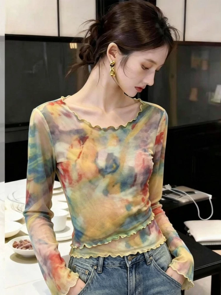 Art Tie Dye Double Mesh Long Sleeve T Shirt Women Summer Sheer Sunscreen Top Elegant Y2k Sexy Mesh Tee