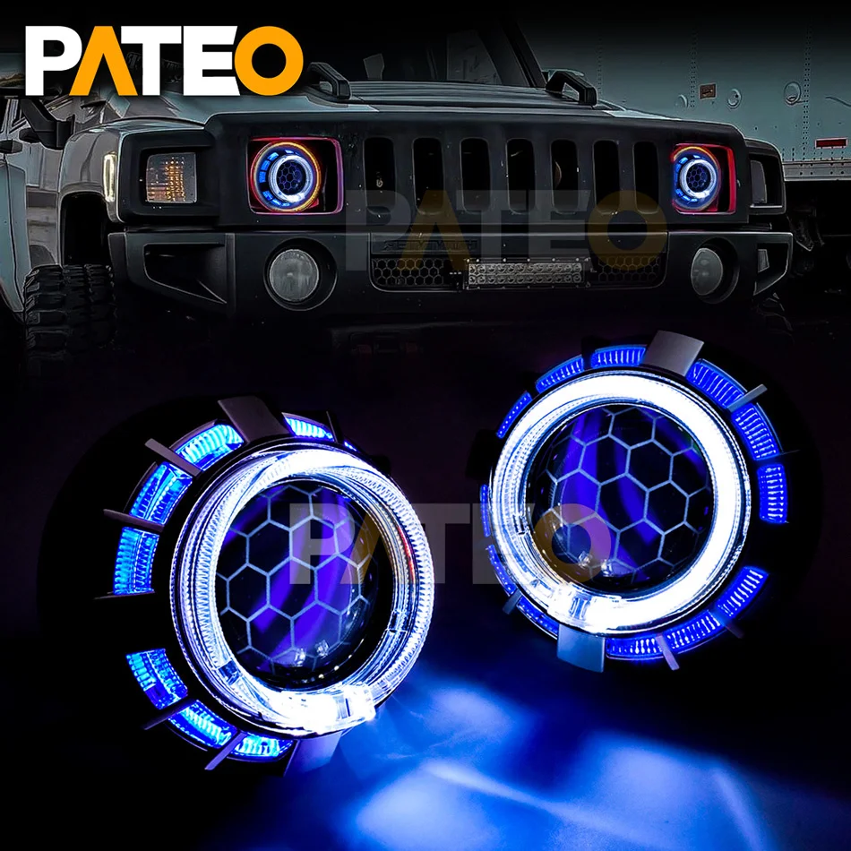 2.5 inch LED Dual Angel Eyes Halo DRL Honeycomb Car Headlight Lens Bi-xenon HID Projector Soccer Etching Lens H1 H4 H7 Retrofit