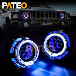 2.5 inch LED Dual Angel Eyes Halo DRL Honeycomb Car Headlight Lens Bi-xenon HID Projector Soccer Etching Lens H1 H4 H7 Retrofit