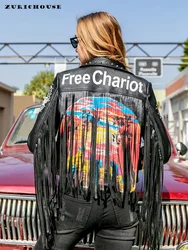 ZURICHOUSE Chic Niet Quaste Jacke Frauen Faux Leder Outwear Streetwear Punk Stil Graffiti Print PU Leder Mantel Weibliche