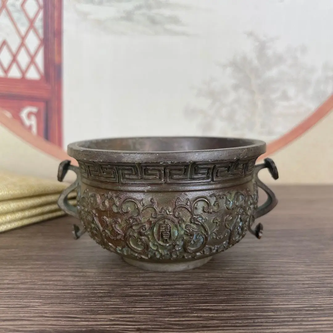 Chinese antique copper handmade old antique vintage double-ear copper incense burner green embroidery ornaments