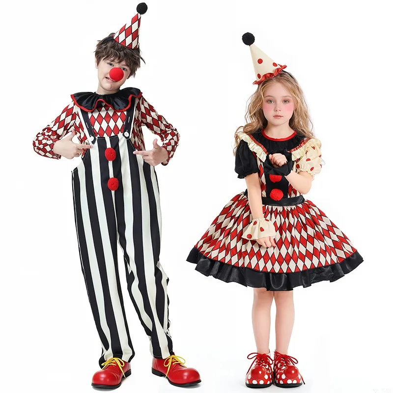 

Halloween Cosplay Costume Funny Circus Clown Striped Print Dress Set Stage Performance Party Role Playing Outfits for Unisex
