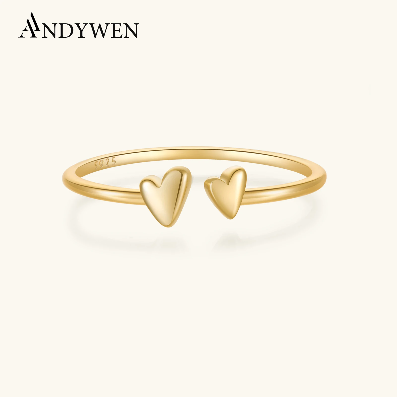 ANDYWEN 100% 925 Sterling Silver Gold Love Heart Resizable Ring Regulowany luksusowy prezent 2024 Biżuteria ślubna dla kobiet Prezent